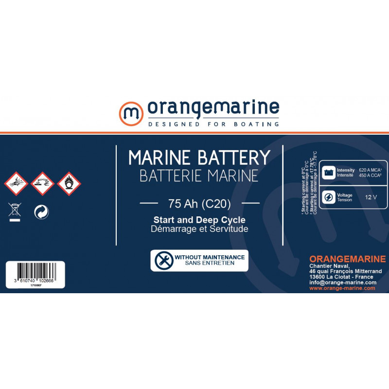 Batterie marine 12V de démarrage - ORANGEMARINE 70 Ah