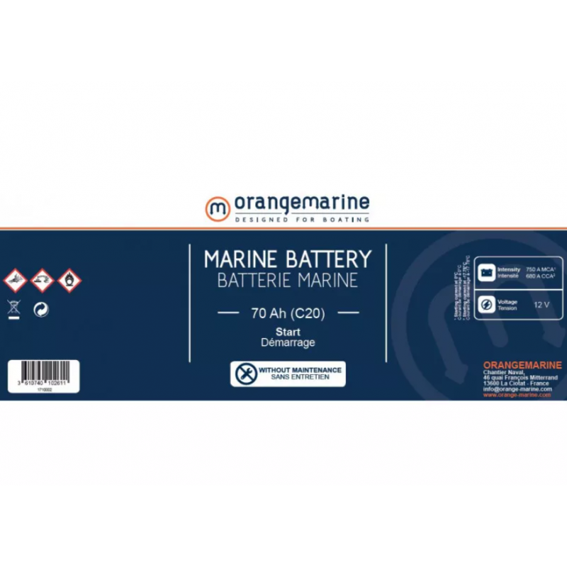 Batterie marine 12V de démarrage - ORANGEMARINE 70 Ah