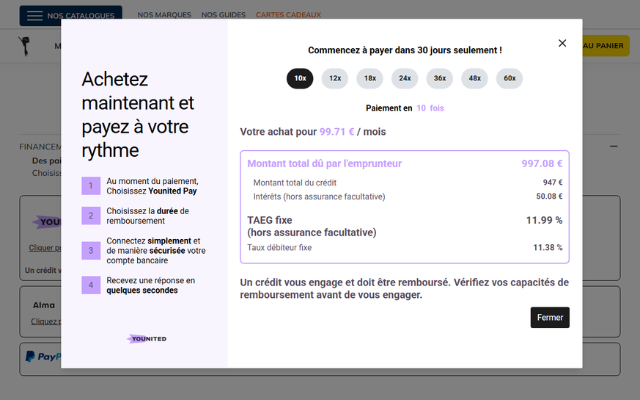Exemple de financement avec Younited Pay sur 10 mois